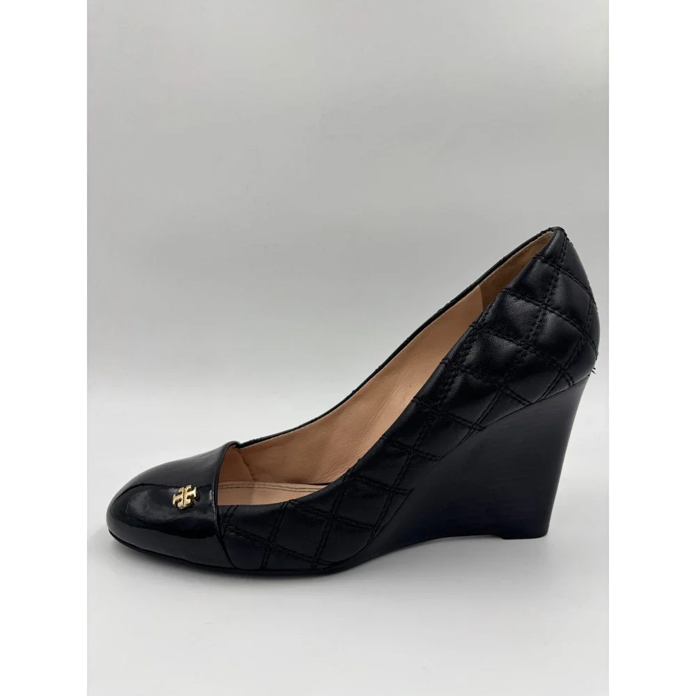 Tory Burch Claremont Black Quilted Leather Patent Cap Toe Wedge Pumps 7.5M